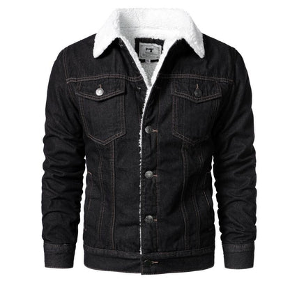Men's black denim trucker jacket, sherpa lining, button front, pockets on Tampa Home & Garden Store