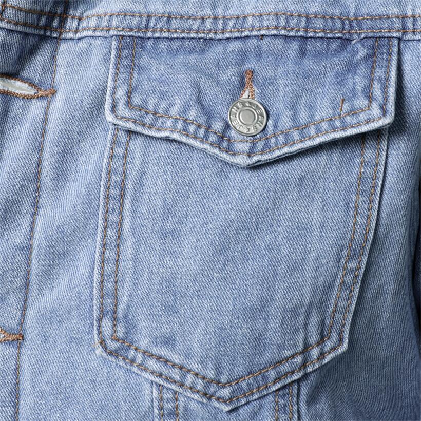 Stevvex light blue denim trucker jacket pocket close-up with metal button, cotton fabric on Tampa Home & Garden Store