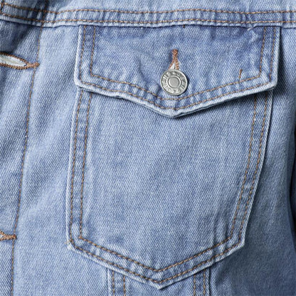 Stevvex light blue denim trucker jacket pocket close-up with metal button, cotton fabric on Tampa Home & Garden Store