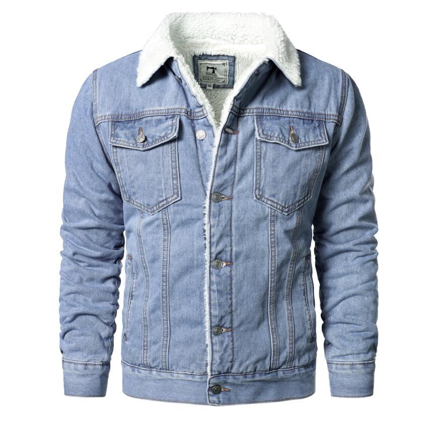 Stevvex light blue denim trucker jacket with white sherpa lining, slim fit winter coat on Tampa Home & Garden Store
