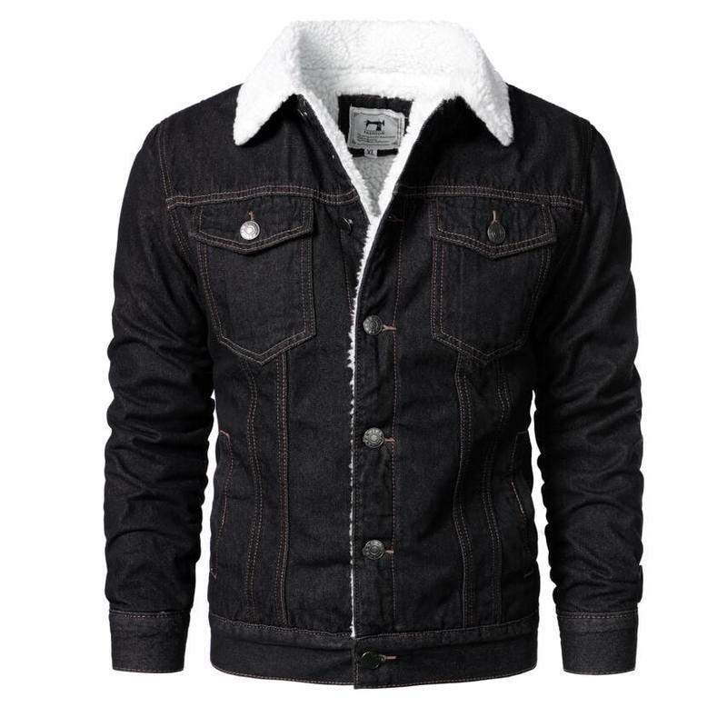Stevvex men's black denim trucker jacket with white sherpa collar, button front, chest pockets on Tampa Home & Garden Store