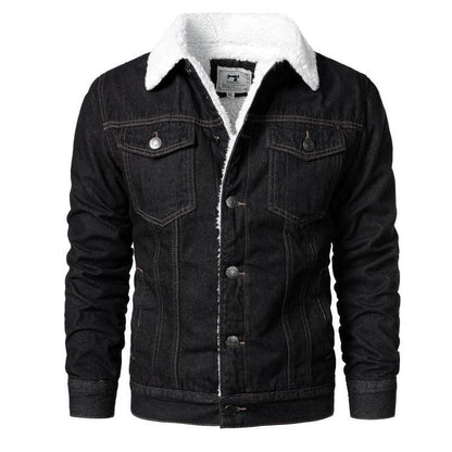 Stevvex men's black denim trucker jacket with white sherpa collar, button front, chest pockets on Tampa Home & Garden Store