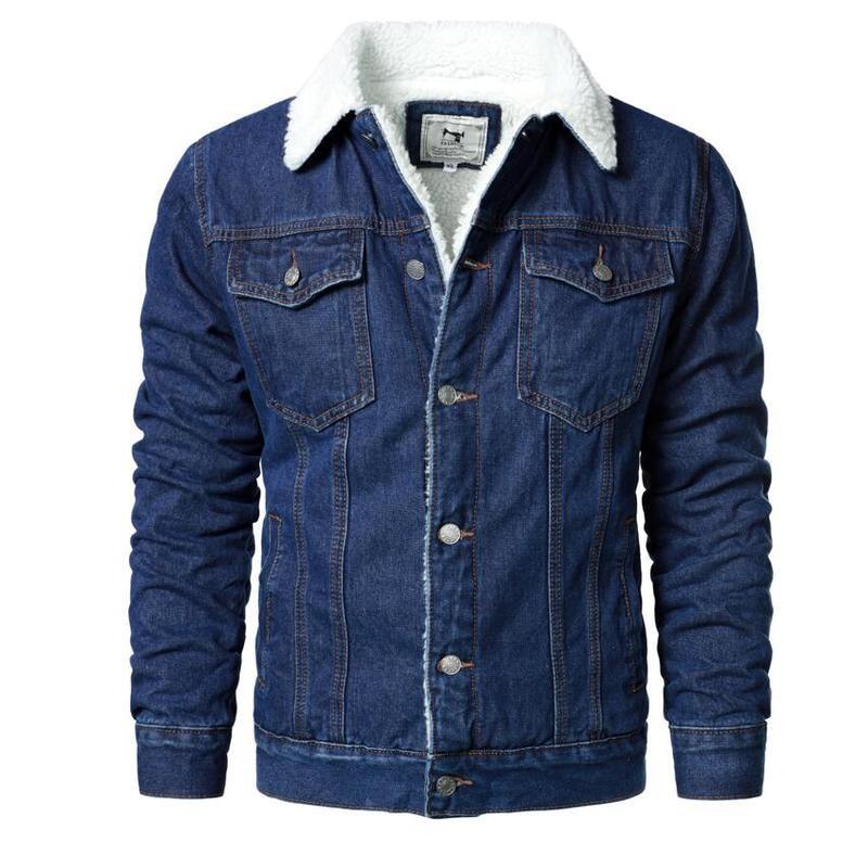 Stevvex denim trucker jacket with white sherpa lining, light blue casual winter coat on Tampa Home & Garden Store