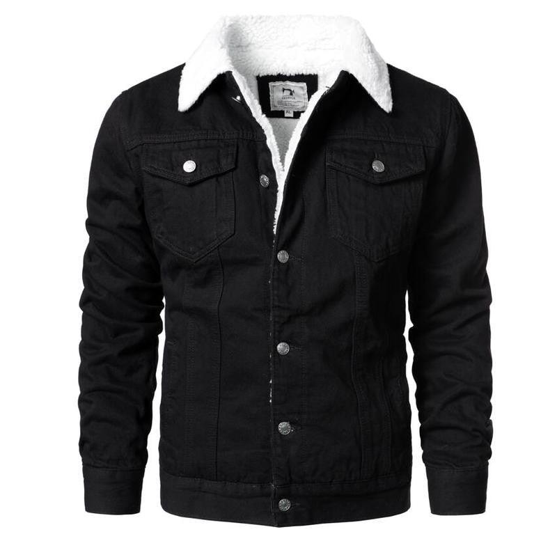 Stevvex men's black denim trucker jacket with white sherpa collar button front on Tampa Home & Garden Store