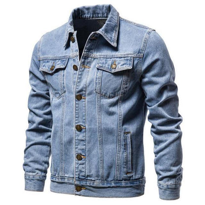 Stevvex men's light blue denim trucker jacket with brass buttons and chest pockets on Tampa Home & Garden Store