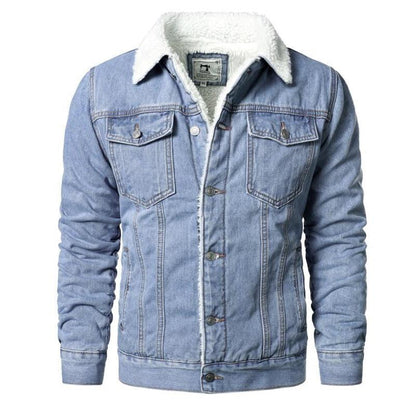 Men's light blue denim trucker jacket with white sherpa lining on Tampa Home & Garden Store