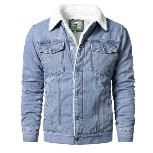 Men's light blue denim trucker jacket with white sherpa lining on Tampa Home & Garden Store