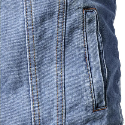 Stevvex light blue denim trucker jacket pocket seam detail on Tampa Home & Garden Store