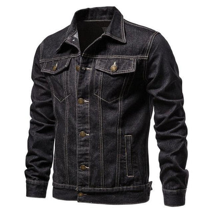Stevvex denim trucker jacket dark indigo, button front, chest pockets, long sleeves on Tampa Home & Garden Store