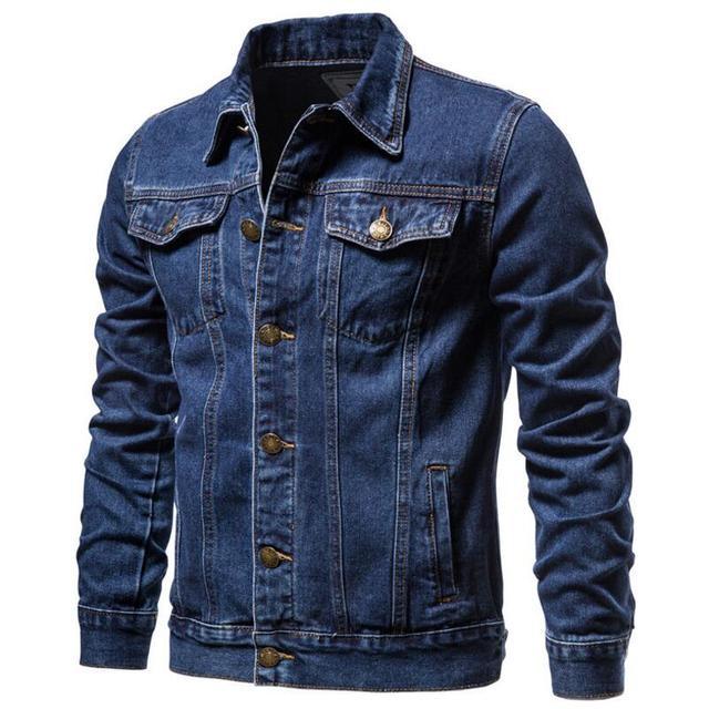 Stevvex men's denim trucker jacket in light blue with brass buttons, slim casual coat on Tampa Home & Garden Store