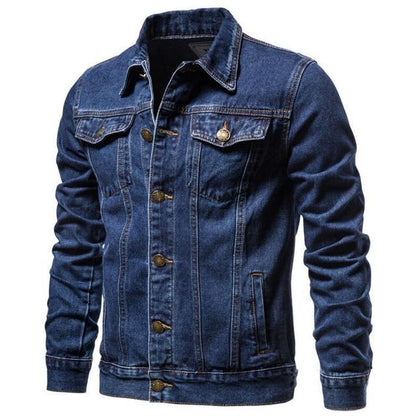 Stevvex men's denim trucker jacket in light blue with brass buttons, slim casual coat on Tampa Home & Garden Store