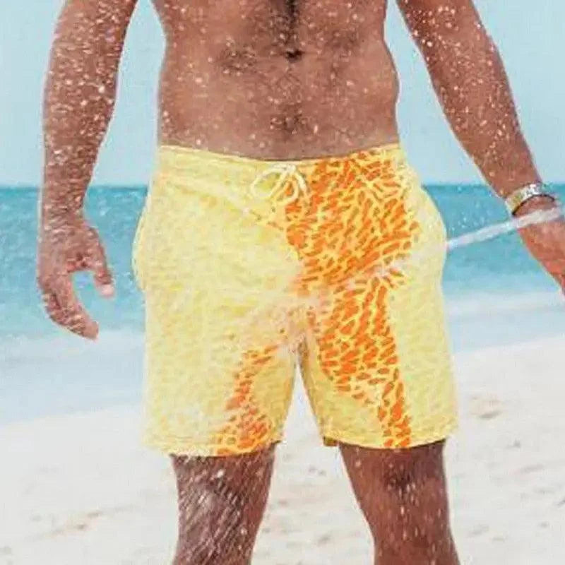 Stevvex men's boardshorts yellow quick-dry swim shorts with orange leopard pattern on beach on Tampa Home & Garden Store