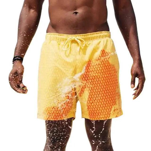 Men's Stevvex yellow boardshorts with orange mesh panels, quick-dry beach swim trunks on Tampa Home & Garden Store