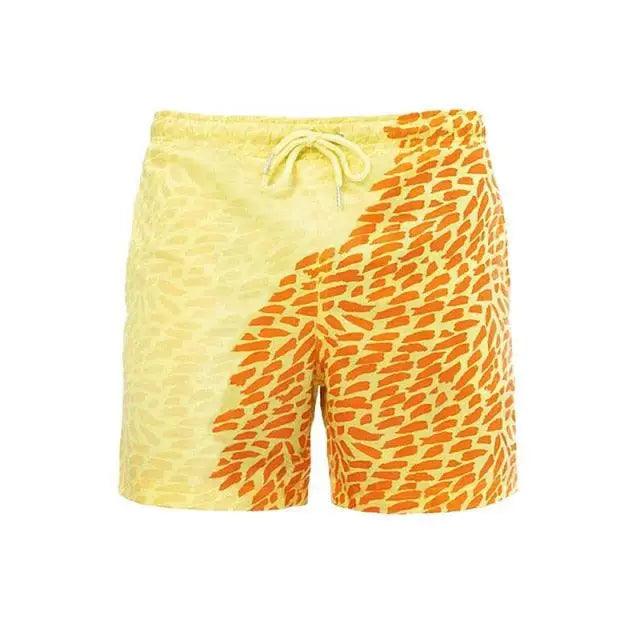 Boardshorts Stevvex STIL19SORC, two-tone yellow/orange leaf pattern, quick-dry swim trunks on Tampa Home & Garden Store