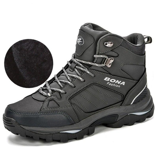 BONA Fashion men's gray leather hiking boot with rugged outsole and metal lace hooks on Tampa Home & Garden Store