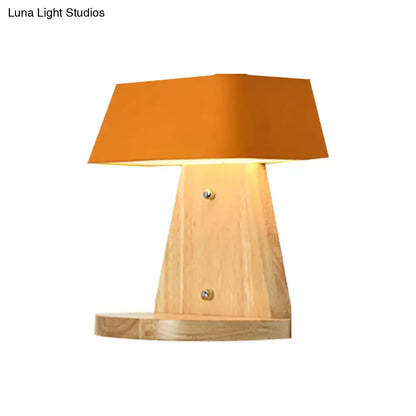 White Metal Wood Backplate Sconce with natural wood base and orange shade on Tampa Home & Garden Store