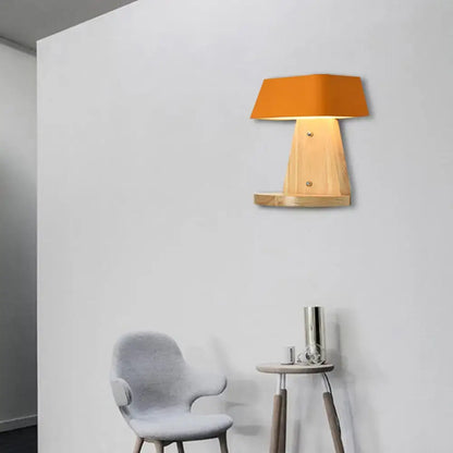White Metal Wood Backplate Sconce with orange shade and wood base by Decorbites on Tampa Home & Garden Store