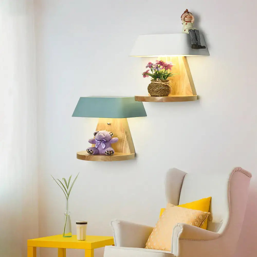 Decorbites White Metal Wood Backplate Sconce with three wall shelves and pastel lampshades on Tampa Home & Garden Store