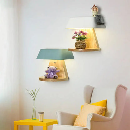 Decorbites White Metal Wood Backplate Sconce with three wall shelves and pastel lampshades on Tampa Home & Garden Store