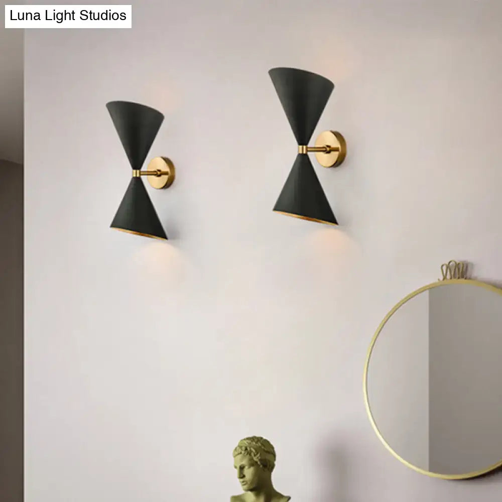 Black gold cast iron dual-bulb wall sconces, Decorbites, pair with cone shades and brass mounts on Tampa Home & Garden Store
