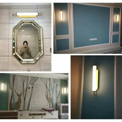 Wall lamp Decorbites gold LED cylindrical sconce shown in four interior views on teal walls on Tampa Home & Garden Store