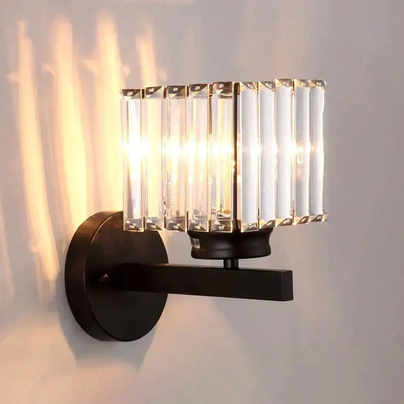 Gold Crystal Wall Lamp wall light with black metal base and crystal block shade, warm glow on Tampa Home & Garden Store