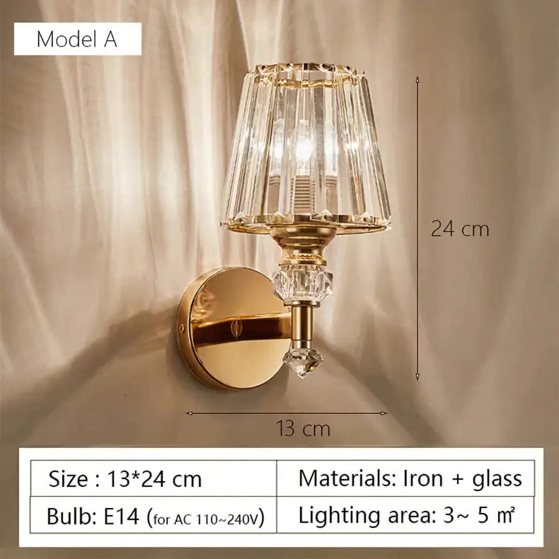 Gold Crystal Wall Lamp Decorbites wall light with crystal shade, gold iron base, 24 cm tall on Tampa Home & Garden Store