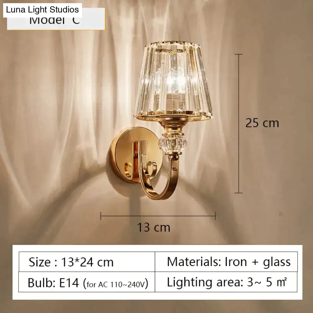 Gold Crystal Wall Lamp wall light by Decorbites; gold iron frame with glass crystal shade on Tampa Home & Garden Store