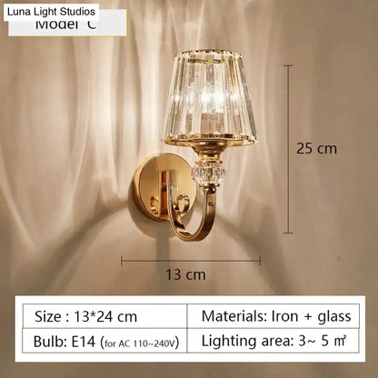 Gold Crystal Wall Lamp wall light by Decorbites; gold iron frame with glass crystal shade on Tampa Home & Garden Store