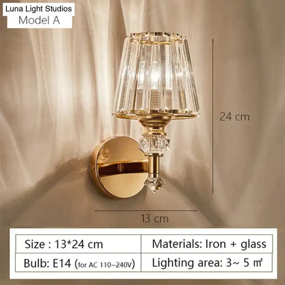 Gold Crystal Wall Lamp by Decorbites; brass mount, crystal shade, iron + glass, E14 bulb on Tampa Home & Garden Store