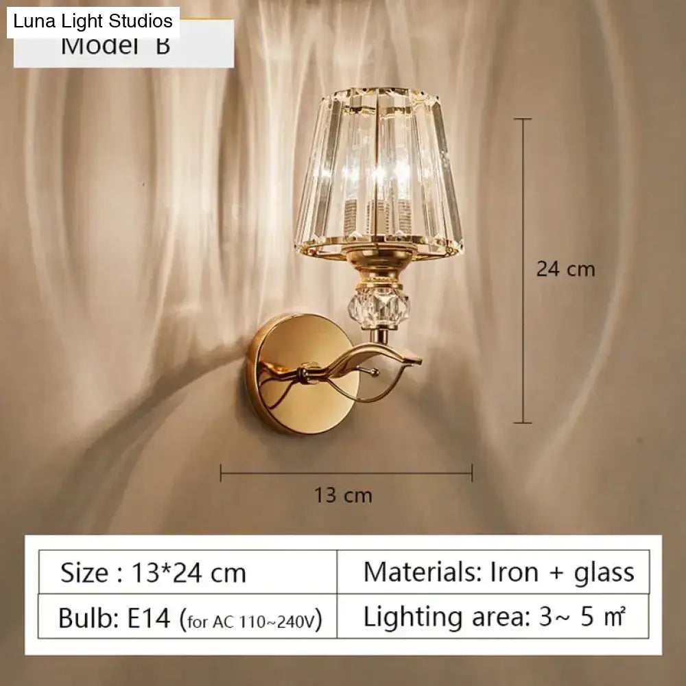 Decorbites Gold Crystal Wall Lamp, gold-toned wall light with faceted glass shade and brass arm on Tampa Home & Garden Store
