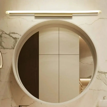 Decorbites white LED vanity sconce with slim bar over a round mirror in marble bathroom on Tampa Home & Garden Store