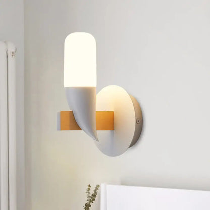 White Wood Bedroom Wall Lamp with rounded white shade, light wood arm, circular backplate on Tampa Home & Garden Store