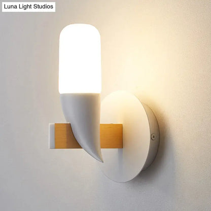 White wood bedroom wall lamp by Decorbites, frosted cylindrical shade with natural wood arm on Tampa Home & Garden Store