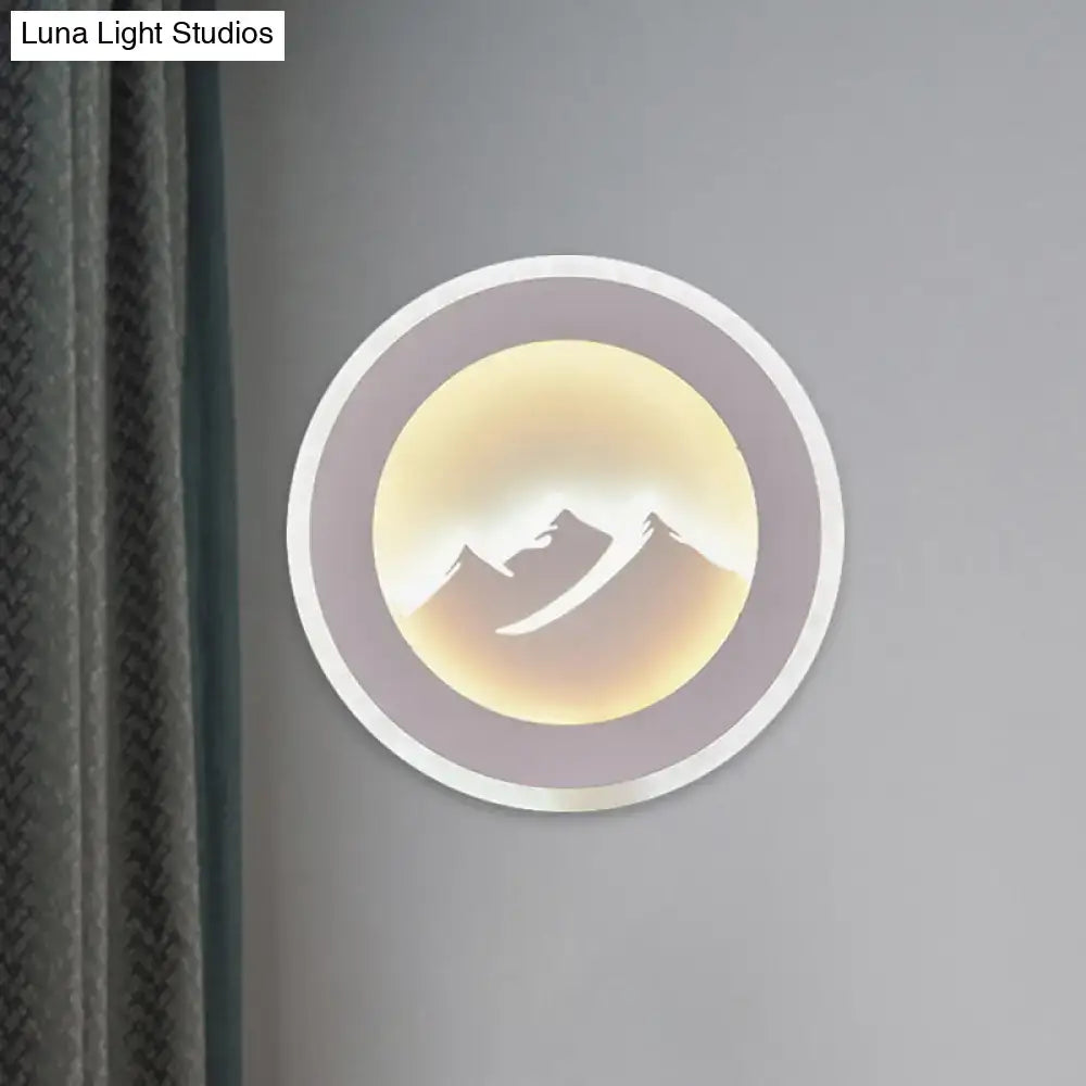 Mountain Silhouette Wall Sconce by Decorbites, round backlit lamp with purple-grey frame on Tampa Home & Garden Store