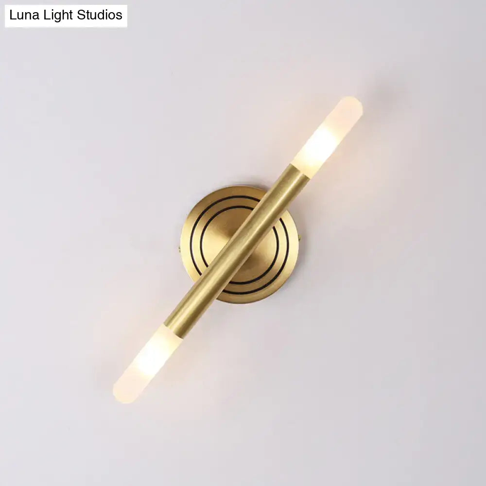 Brass Slim Tube Wall Sconce by Decorbites with dual frosted LED tubes and round backplate on Tampa Home & Garden Store