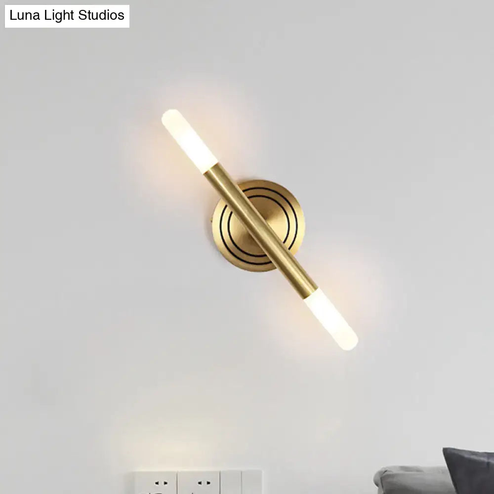 Brass Slim Tube Wall Sconce with circular backplate and dual LED light bars by Decorbites on Tampa Home & Garden Store