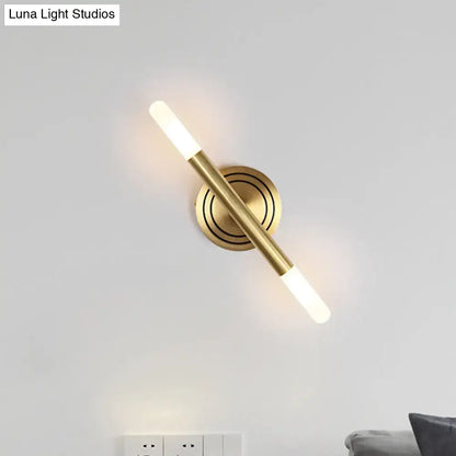 Brass Slim Tube Wall Sconce with circular backplate and dual LED light bars by Decorbites on Tampa Home & Garden Store