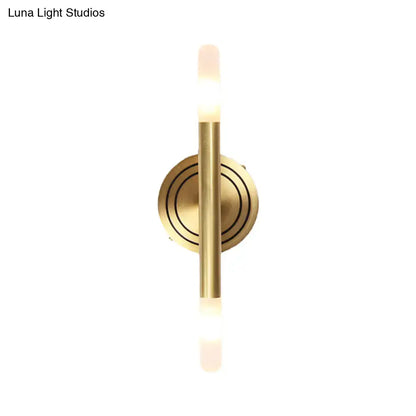 Brass Slim Tube Wall Sconce Decorbites with round backplate and frosted ends on Tampa Home & Garden Store