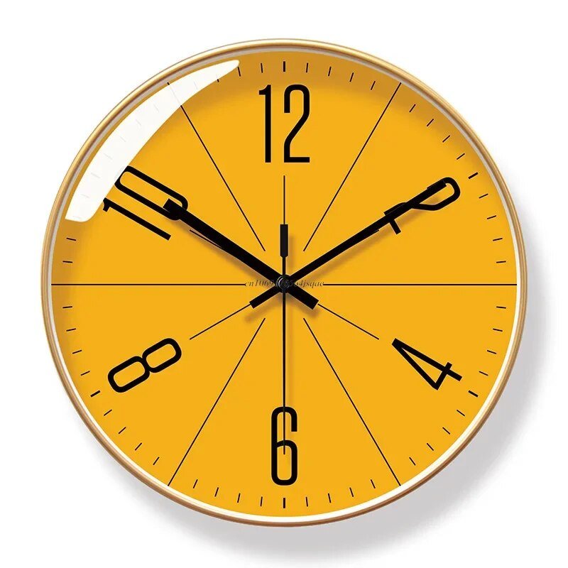 Modern Scandinavian Wall Clock Moktan Sabai with yellow dial and black numerals, gold frame on Tampa Home & Garden Store