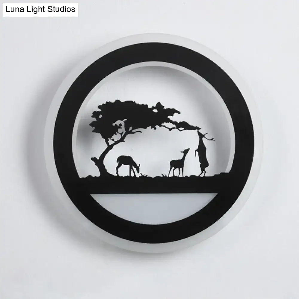 Black Acrylic Built-In Shelf Wall Sconce with circular ring and savanna silhouette Decorbites on Tampa Home & Garden Store