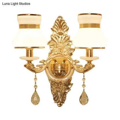Gold frosted wall sconce dual-arm with floral backplate and two crystal teardrops Decorbites on Tampa Home & Garden Store