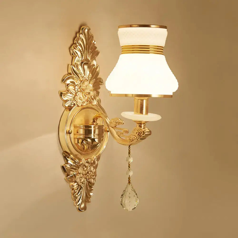 Gold frosted wall sconce with floral backplate, white shade and crystal drop by Decorbites on Tampa Home & Garden Store