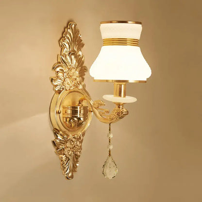 Gold frosted wall sconce with floral backplate, white shade and crystal drop by Decorbites on Tampa Home & Garden Store
