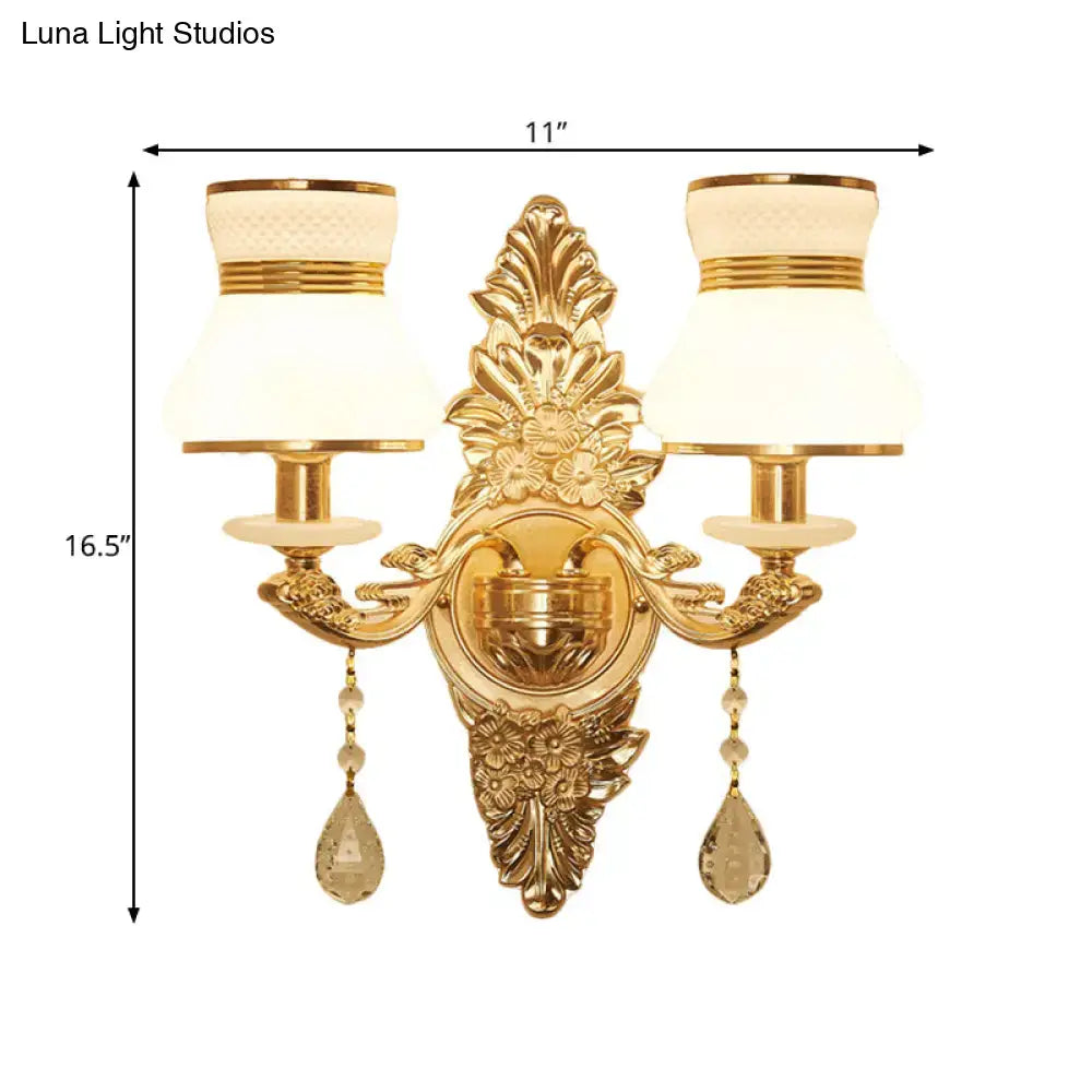 Gold frosted wall sconce with ornate backplate, frosted shades and crystal drops by Decorbites on Tampa Home & Garden Store