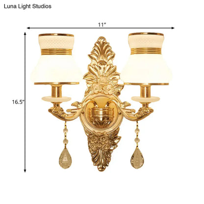 Gold frosted wall sconce with ornate backplate, frosted shades and crystal drops by Decorbites on Tampa Home & Garden Store