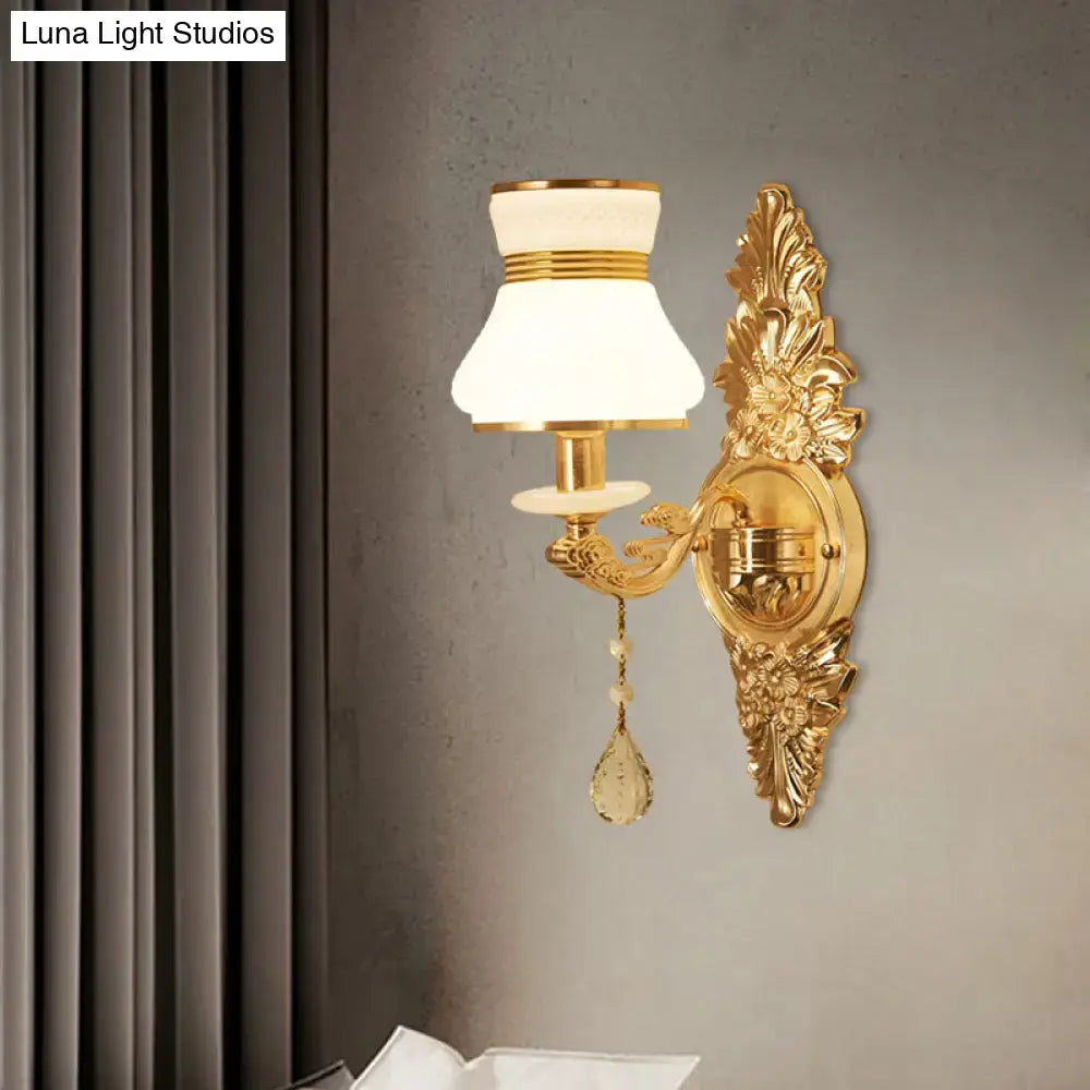 Gold Frosted Wall Sconce by Decorbites with ornate gold backplate and white frosted shade on Tampa Home & Garden Store