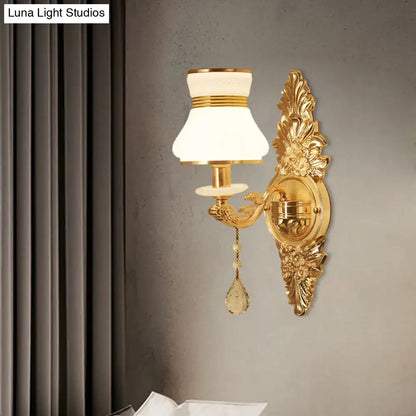 Gold Frosted Wall Sconce by Decorbites with ornate gold backplate and white frosted shade on Tampa Home & Garden Store