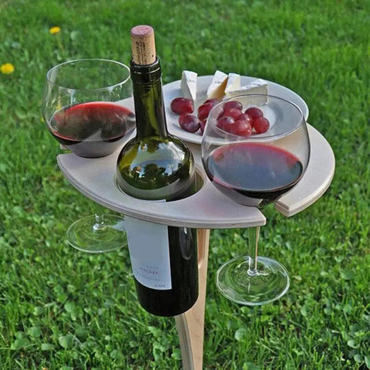 Modern outdoor portable wood wine table with desktop, bottle holder and two wine glasses on Tampa Home & Garden Store