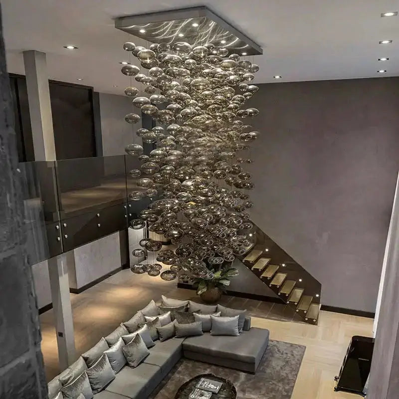 Modern oval bubble ball silver chandelier by Decorbites cascading glass spheres on Tampa Home & Garden Store